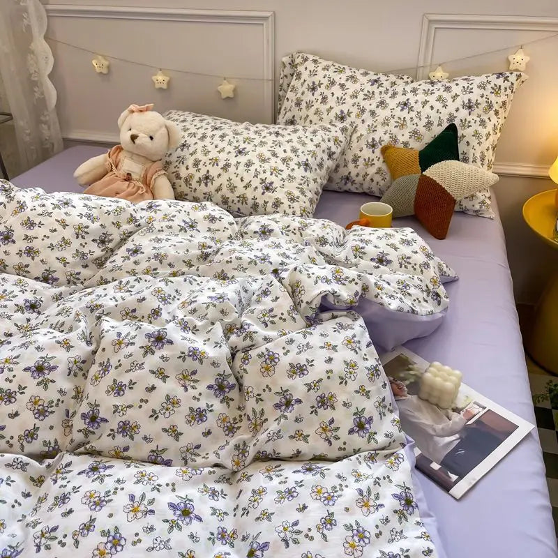 Socraigh Leaba Bláth Bándearg Rómánsúil - Clúdach Duvet Polaiéistir Bog agus Cásanna Píolóta do Sheomra Codlata Teolaí